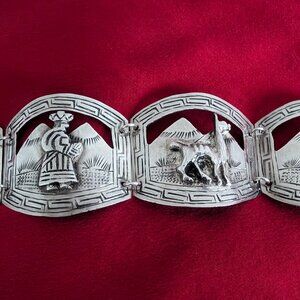 Estate Vintage Peruvian Lama Sterling Silver Five Panel Cuff Bracelet